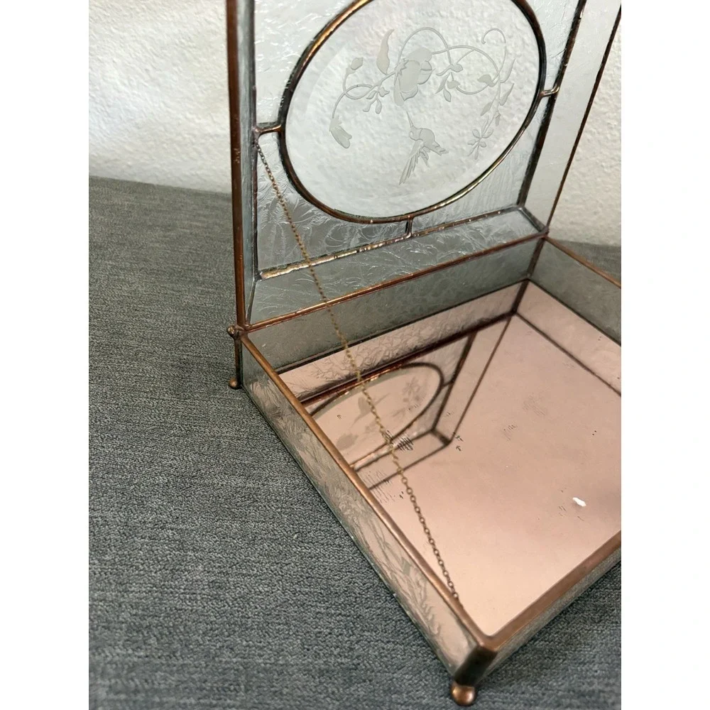 Vtg Etched Glass, Brass, Mirror Jewelry Box Footed w Flowers & Hummingbirds‎